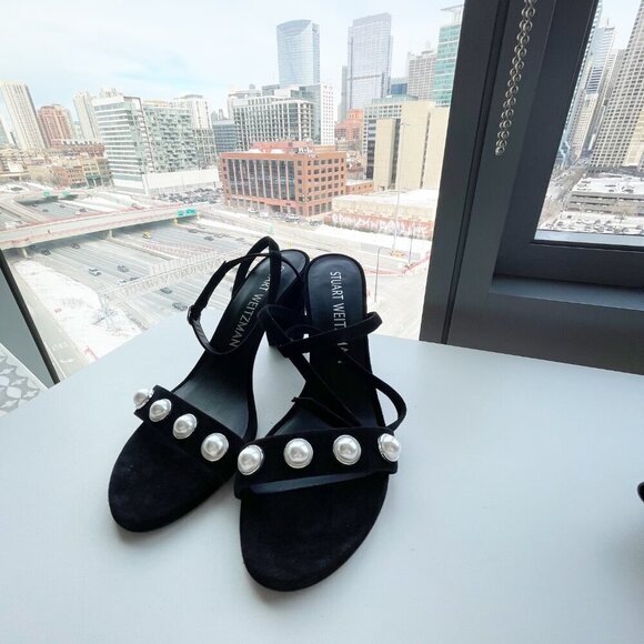 New Stuart Weitzman Nearlybare Portia Pearly Black Suede Sandals Size 10.5 - Picture 2 of 5